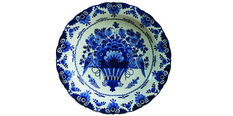 PORCELEYNE FLES - Piatto da parete Royal DELFT blu con vaso di fiori e uccelli - Delftware olandese vintage del 1931